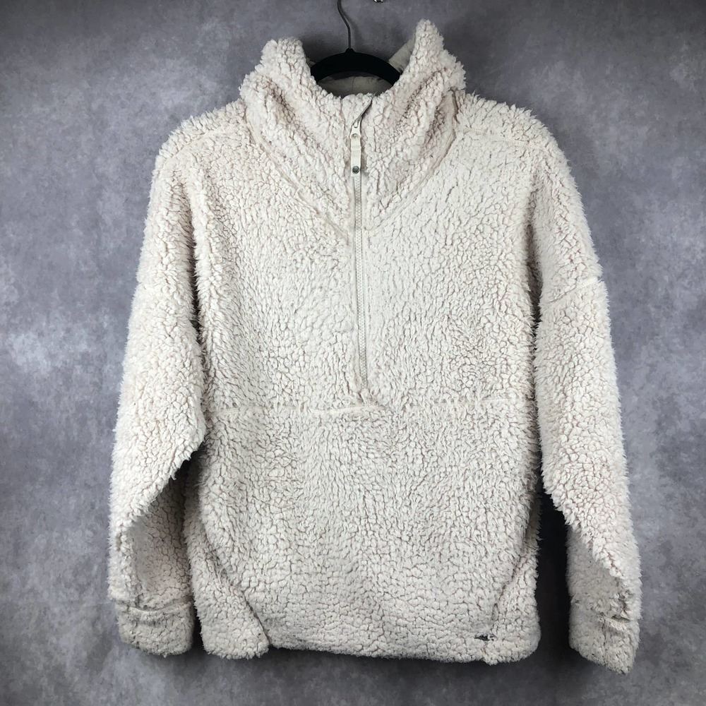 Prana Womens Small Permafrost Half Zip Fleece Jacket Cream Hooded Organic Cotton